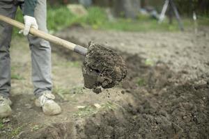 Guy is digging ground. Man with shovel. Details of rural life. photo