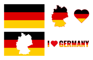 conjunto de ilustrações com bandeira alemã, mapa de contorno do país e coração. conceito de viagem.