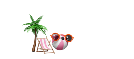Chaise de plage 3d pour la mer d'été avec palmier, ballon, lunettes de soleil, espace de copie isolé. concept de voyage d'été, illustration de rendu 3d png