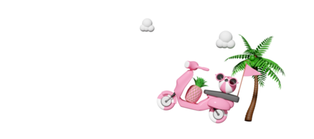 Scooter de viagem de verão 3d com praia de bola inflável rosa, coqueiro, óculos de sol, nuvem, abacaxi, espaço de cópia isolado. conceito de viagem, ilustração de renderização 3d