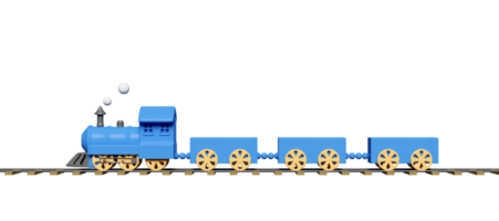 3d blue locomotive steam cartoon with railroad tracks, wagons empty isolated. train transport toy, summer travel service, planning traveler, 3d render illustration png