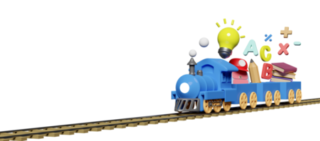 Locomotiva 3D azul com vagões de madeira com material escolar, copie o espaço isolado. de volta à escola, o conhecimento cria o conceito de ideia, ilustração de renderização 3d png