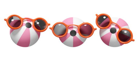 3d pink inflatable ball beach float with sunglasses isolated. balloon toy set, summer travel concept, 3d render illustration png