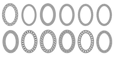 Greek key oval frame set. Ellipse ancient designs. Circle borders with meander ornaments. Vector