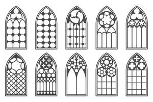 Church medieval windows set. Old gothic style architecture elements. Vector outline illustration on white background.