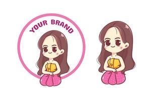 Beautiful woman in Thai traditional dress character cartoon logo hand drawn cartoon illustration vector