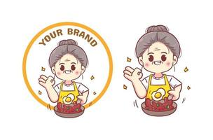 Cute Grandma or woman chef cooking restaurant food logo hand drawn cartoon illustration vector
