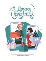 Online Christmas. New Year gifts. Man and woman with gifts in mobile phones. Vector image.