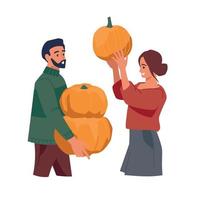 Autumn fair. Man and woman with pumpkins. Vector image.