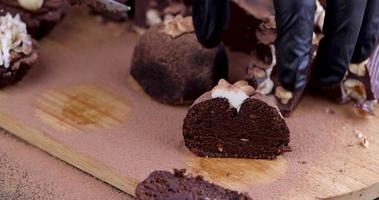 classic Eastern European chocolate cake cut into slices photo