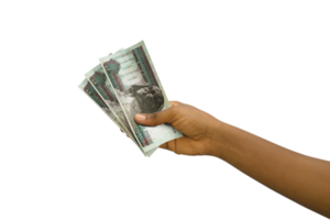 Fair hand holding 3D rendered Egyptian pound notes isolated on transparent background png