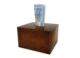 nigerianische Naira-Noten in einer offenen Spardose aus Holz. generische Bank, Penny Bank, Spardose. 3D-Rendering png