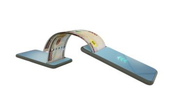 3D rendering of  Nigerian naira notes transferring from one phone to another. mobile money transaction concept. money coming out of mobile phone png