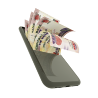 3D rendering of 200 Egyptian pound notes inside a mobile phone isolated on transparent background png