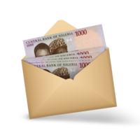 Nigerian naira notes inside an open brown envelope. 3D illustration of money in an open envelope png