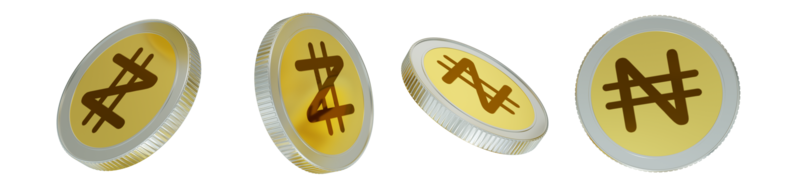 3D rendering of Nigerian naira coin concept in different angles. Naira sign design isolated on transparent background png
