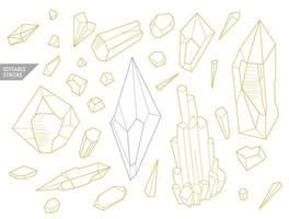 Crystal Line art. Set hand drawn editable stroke polygon shapes. Asymmetric geometry natural quarts icons. Boho outline gem clipart. Coloring book page design for adults. Vector
