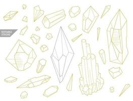 Crystal Line art. Set hand drawn editable stroke polygon shapes. Asymmetric geometry natural quarts icons. Boho outline gem clipart. Coloring book page design for adults. Vector