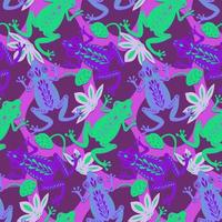 ranas verdes violetas en un estanque con lirios y hojas. patrón sin costuras corte de papel estilo plano. decoración de tela estampado para ropa. diseño textil. lindo personaje dibujado a mano. vector