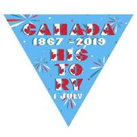 Happy Canada day card. Pattern with National flag red and white color modern typography for celebration design, flyer, banner. on fective firework blue background. vector