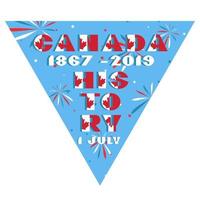 tarjeta feliz del día de canadá. patrón con bandera nacional tipografía moderna de color rojo y blanco para diseño de celebración, volante, pancarta. sobre fondo azul de fuegos artificiales efectivos. vector