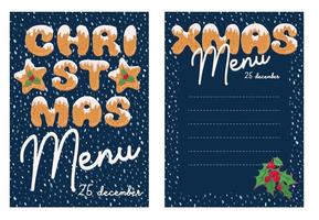 diseño de menú de navidad en estilo de dibujos animados con forma de texto de galletas caseras. letras de fideos para folleto, afiche, fondo festivo vintage, tarjeta de fiesta vector