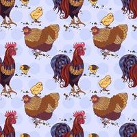 Seamless background with hand drawn rooster, hens and chickens vector