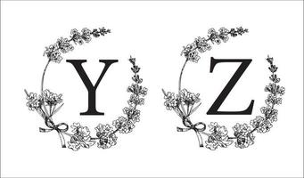 Y Z letter. Set modern hand-drawn engraved sketch illustrations. Lavender flower wreath with alphabet monogram. good idea for wedding decor. Vintage vector typographic emblem, logo, label design.