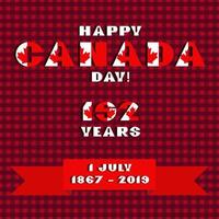 tarjeta feliz del día de canadá. patrón con tipografía moderna de color rojo y blanco para el diseño de celebración, volante, pancarta sobre fondo a cuadros. estilo de bandera nacional vector