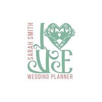 Wedding planner Premade Logo. Black and white colors. Isolated background. Hand-drawn Stamp silhouette. Lovely birds. Love heart symbol. Wedding salon. Vector