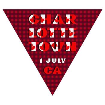 Happy Canada day holyday triangular flag for planar festivals Modern typography with National flag red and white color on fective checkered background. Text 1 july Charlottetown vector
