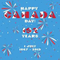 tarjeta feliz del día de canadá. patrón con bandera nacional tipografía moderna de color rojo y blanco para diseño de celebración, volante, pancarta. sobre fondo azul de fuegos artificiales efectivos. vector