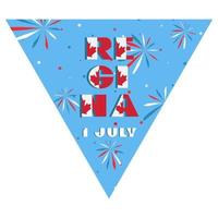 Happy Canada day holyday triangular flag for planar festivals Modern typography with National flag red and white color on fective firework blue background. Text 1 july Regina vector