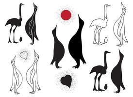 Set of silhouettes of penguin and ostrich. Black on white background vector