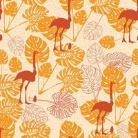 Seamless vintage pattern with ostrich and monstera lives vector