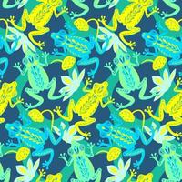 Yellow green frogs on a pond with lilies and leaves. Seamless pattern. Paper cut flat style. Fabric decoration. Print for clothes. Textile design. Hand-drawn cute character. Vector