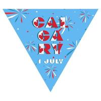 Happy Canada day holyday triangular flag for planar festivals Modern typography with National flag red and white color on fective firework blue background. Text 1 july Calgary vector