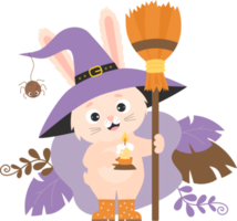 Halloween rabbit in witch hat  with candle and broom