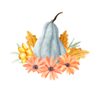 Watercolor autumn pumpkin with flowers and fall leaves png