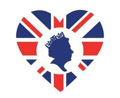 reina elizabeth cara blanca y azul con bandera británica del reino unido emblema nacional de europa icono del corazón ilustración vectorial elemento de diseño abstracto vector