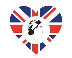 retrato de la cara de la reina elizabeth negro con la bandera británica del reino unido emblema nacional de europa icono del corazón ilustración vectorial elemento de diseño abstracto vector