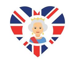 retrato de la cara de la reina elizabeth con la bandera británica del reino unido emblema nacional de europa icono del corazón ilustración vectorial elemento de diseño abstracto vector