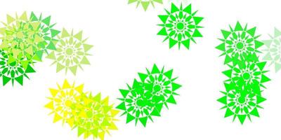 textura de vector verde claro, amarillo con copos de nieve brillantes.