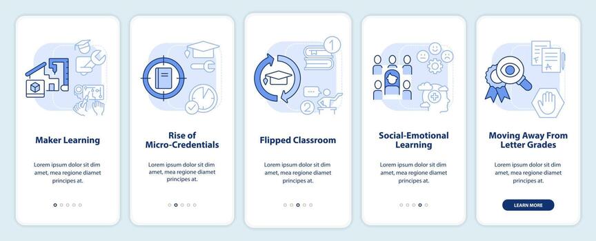 Trends in education light blue onboarding mobile app screen. Learning walkthrough 5 steps editable graphic instructions with linear concepts. UI, UX, GUI template. vector