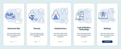 Public schools challenges light blue onboarding mobile app screen. Walkthrough 5 steps editable graphic instructions with linear concepts. UI, UX, GUI template. vector