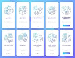 What makes website successful blue gradient onboarding mobile app screen set. Walkthrough 5 steps instructions with linear concepts. UI, UX, GUI template. vector