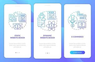 formatos de diseño web pantalla de aplicación móvil de incorporación de degradado azul. sitio web estático Tutorial de instrucciones gráficas de 3 pasos con conceptos lineales. interfaz de usuario, ux, plantilla de interfaz gráfica de usuario. vector