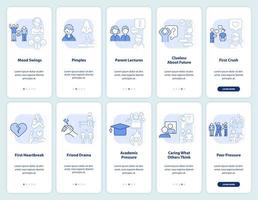 Teenage struggles light blue onboarding mobile app screen set. Walkthrough 5 steps editable graphic instructions with linear concepts. UI, UX, GUI template. vector