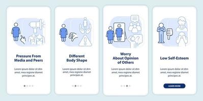 Body image perception in teen light blue onboarding mobile app screen. Walkthrough 4 steps editable graphic instructions with linear concepts. UI, UX, GUI template. vector