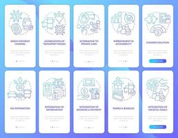 Mobility services blue gradient onboarding mobile app screen set. Transport walkthrough 5 steps graphic instructions with linear concepts. UI, UX, GUI template. vector